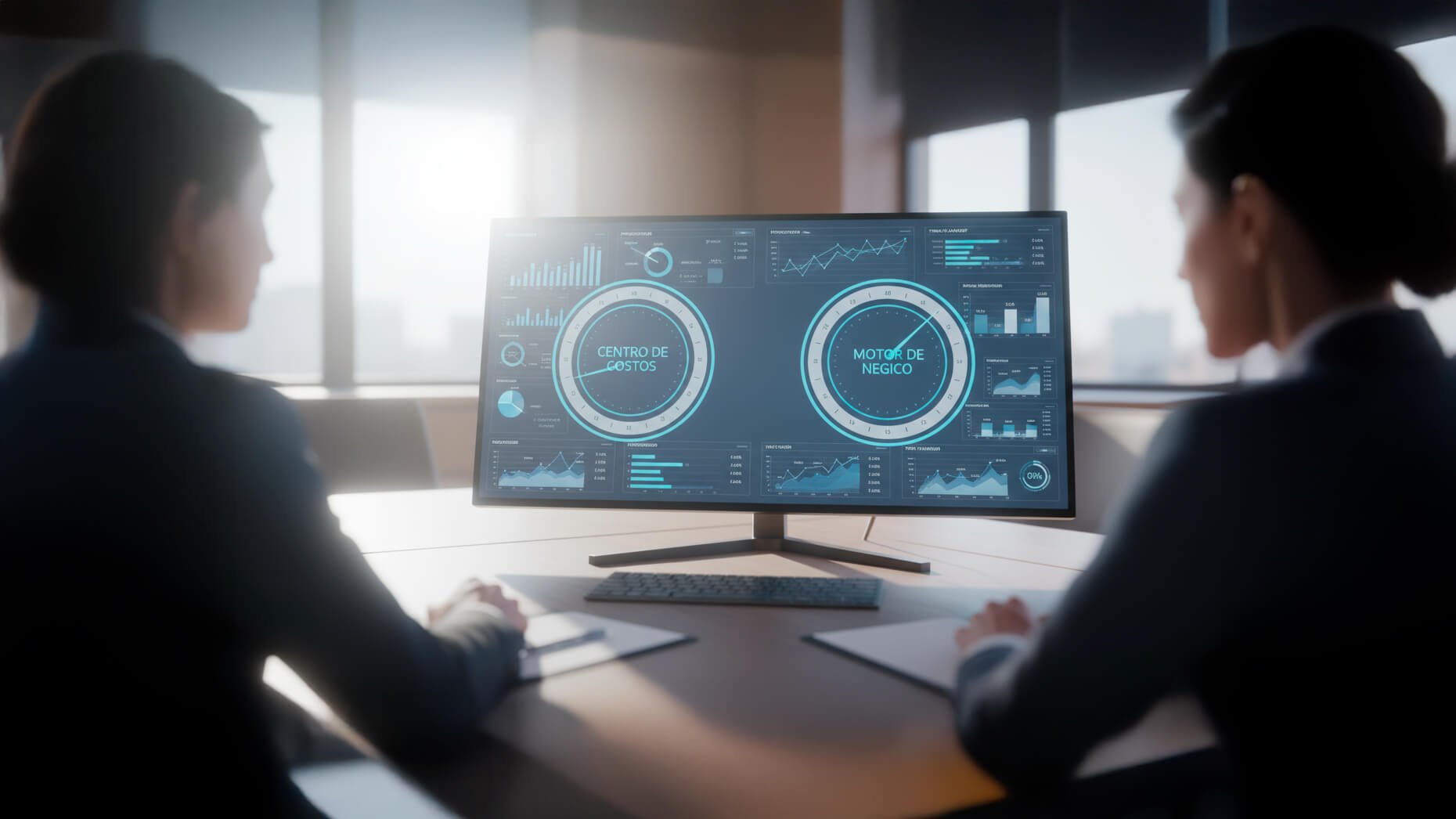 Dashboard comparando L&D como centro de costos vs motor de negocio con KPIs de impacto.